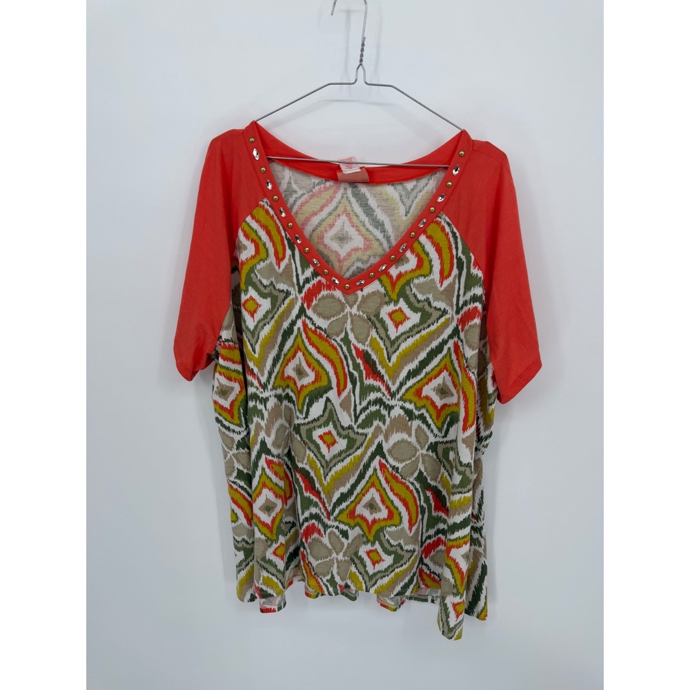Hearts of Palm Woman Top Studded V-Neck Ikat Print Orange 2X